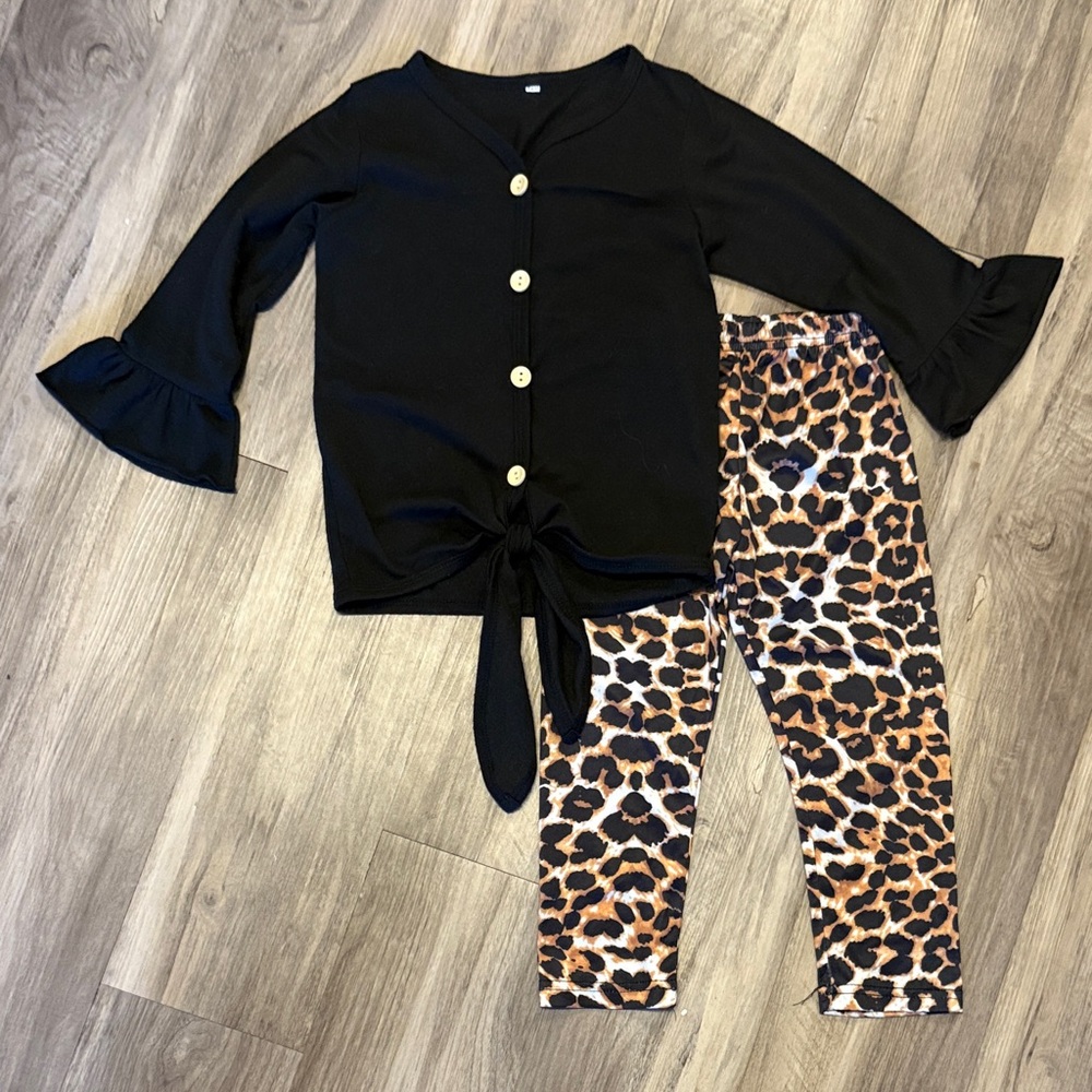 Leopard leggings with matching long- sleeved button-up shirt
